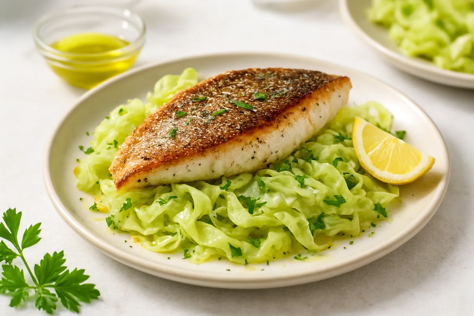 Pan-Seared Fresh Sea Bass with Steamed Cabbage Ribbons