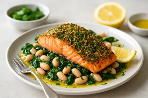 Herb-Crusted Salmon with White Bean & Wilted Spinach