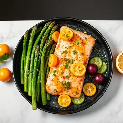 Mediterranean Salmon & Asparagus Sheet-Pan with Turmeric Oil