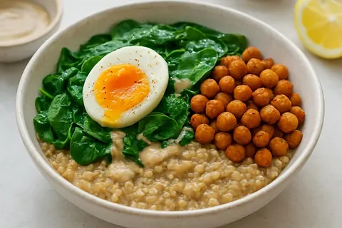 Savory Oat & Spinach Egg Bowl with Cumin-Spiced Chickpeas