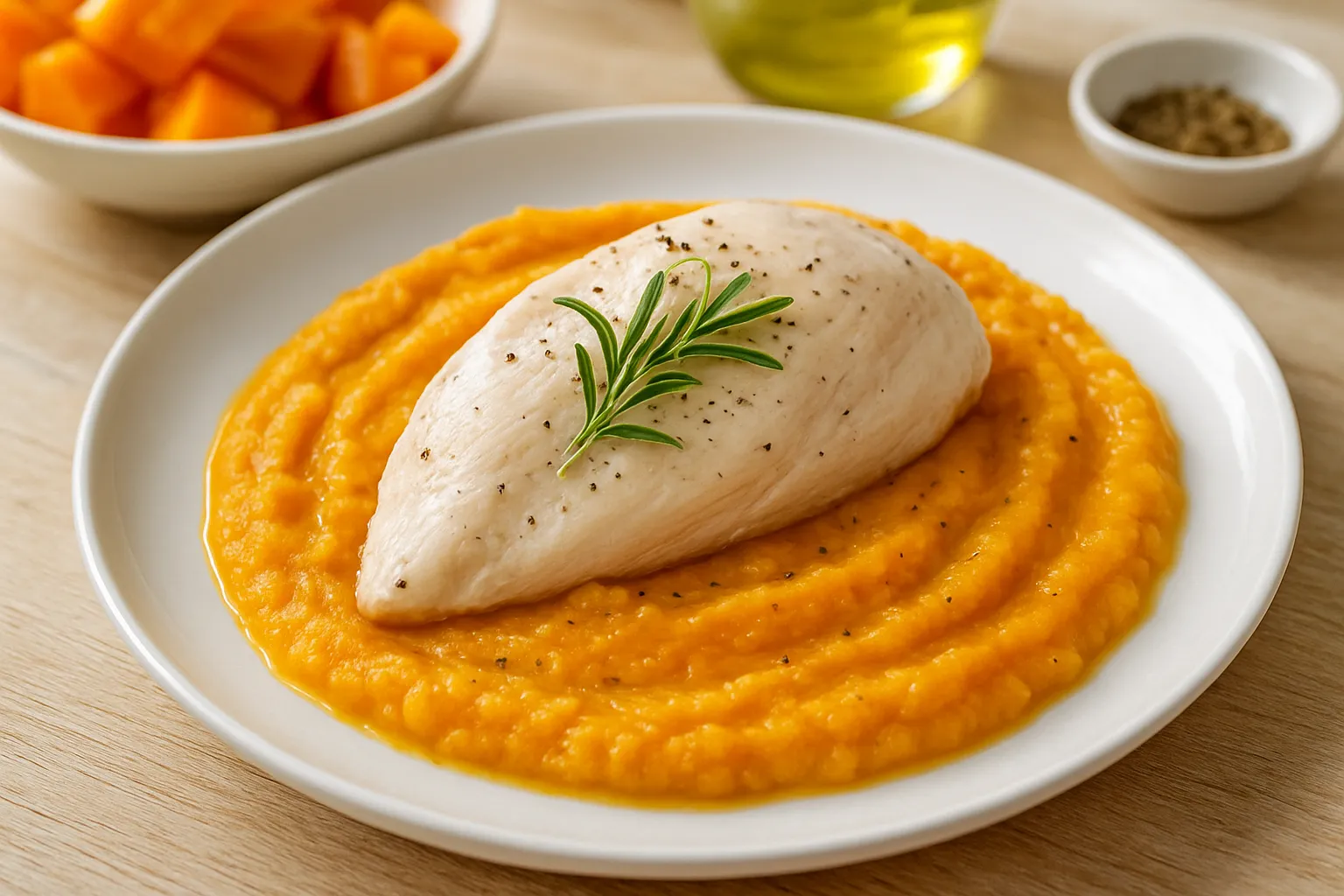 Poached Chicken Breast with Warm Pumpkin & Parsnip Purée