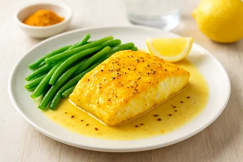 Mild Turmeric-Coconut Cod with Steamed Green Beans