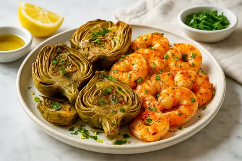 Lemon-Garlic Roasted Artichokes with Grilled Shrimp