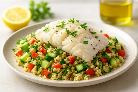 Poached White Fish Flakes over Light Millet Salad