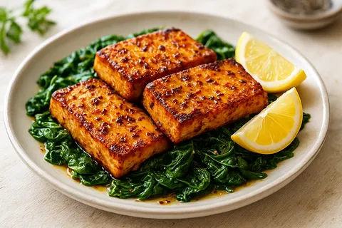 Baked Lemon-Garlic Tofu Steaks with Wilted Spinach