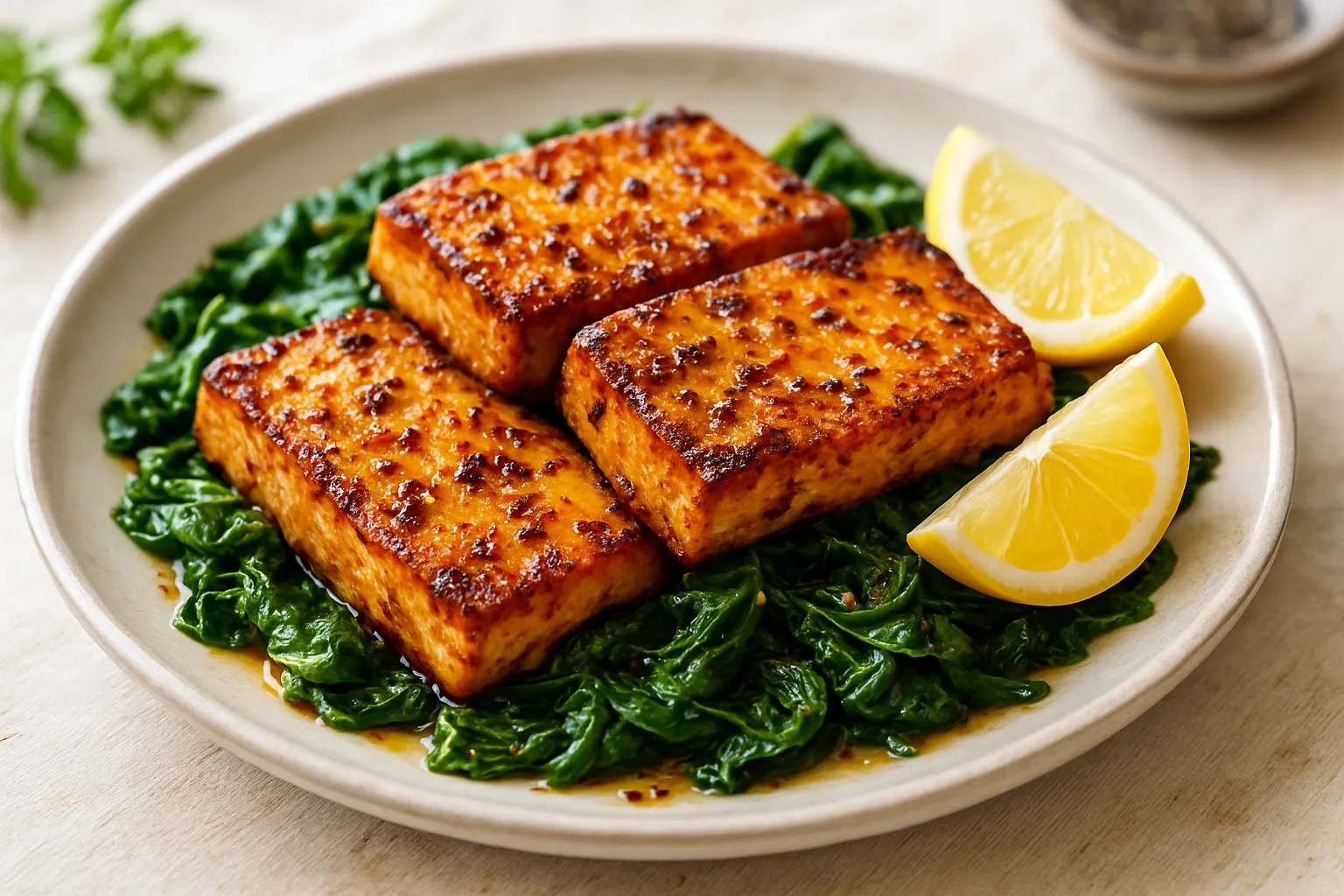 Baked Lemon-Garlic Tofu Steaks with Wilted Spinach