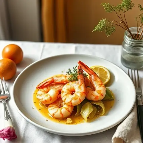 Rosewater-Saffron Prawns with Braised Kohlrabi & Lemon