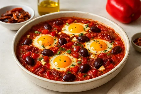 Mediterranean Baked Eggs with Feta, Olives & Sun-Dried Tomatoes