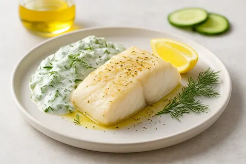 Steamed White Fish with Cucumber-Dill Coconut Yogurt