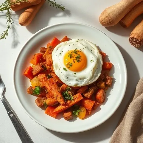 Spiced Parsnip and Carrot Hash with Cumin and Fried Egg