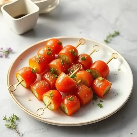 Refreshing Tomato-Cucumber Skewers with Herb Drizzle