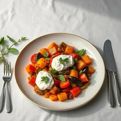 Roasted Vegetable Ratatouille with Herbed Almond Ricotta (Crustless)