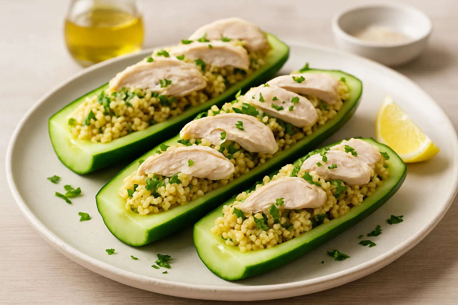 Millet-Stuffed Cucumber Boats with Poached Chicken