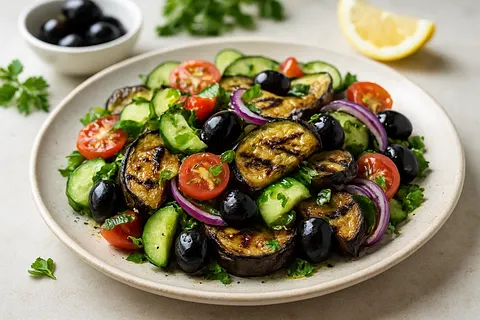 Mediterranean Grilled Eggplant Salad with Cucumber & Olives