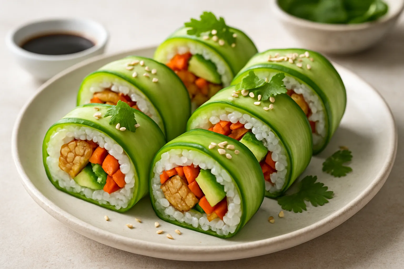 Tempeh Sushi Roll in Cucumber Sheets
