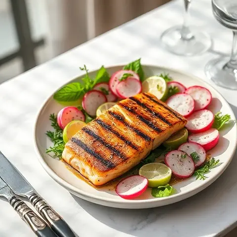 Cumin-Mace Grilled Swordfish with Spiced Radish Salad