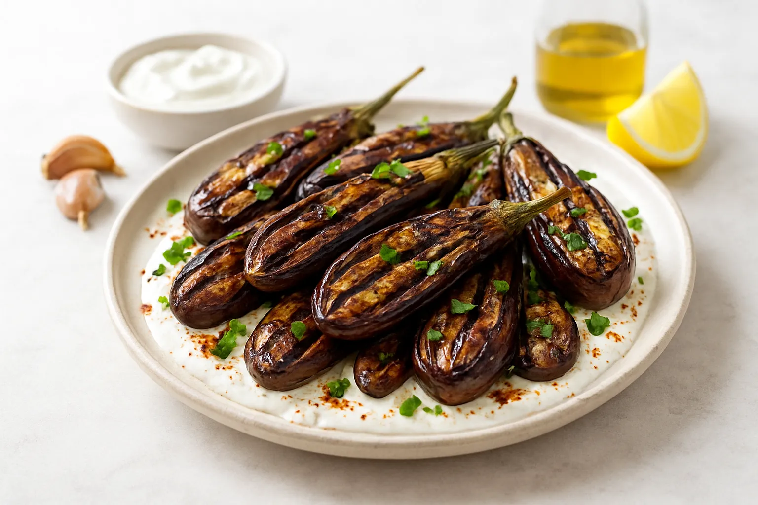 Grilled Baby Eggplants with Garlic Yogurt