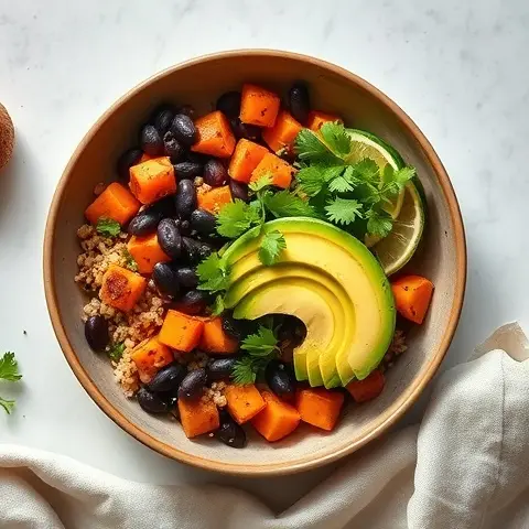 Nutritious Black Bean & Sweet Potato Taco Bowl with Avocado
