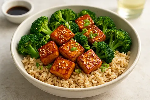 Asian Sesame Tofu & Broccoli Bowl with Brown Rice