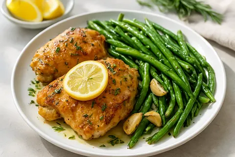 Roasted Lemon-Herb Chicken Thighs with Garlic Green Beans