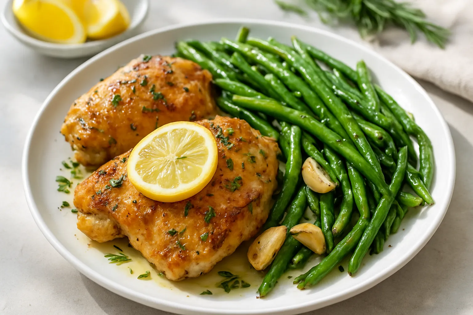 Roasted Lemon-Herb Chicken Thighs with Garlic Green Beans