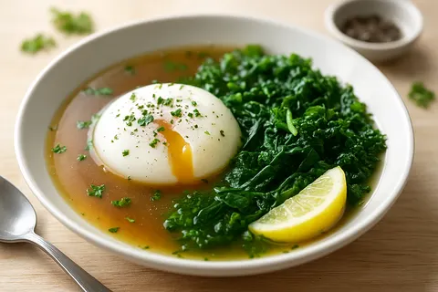 Gentle Bone Broth Dinner Sip with Soft Poached Egg and Steamed Greens