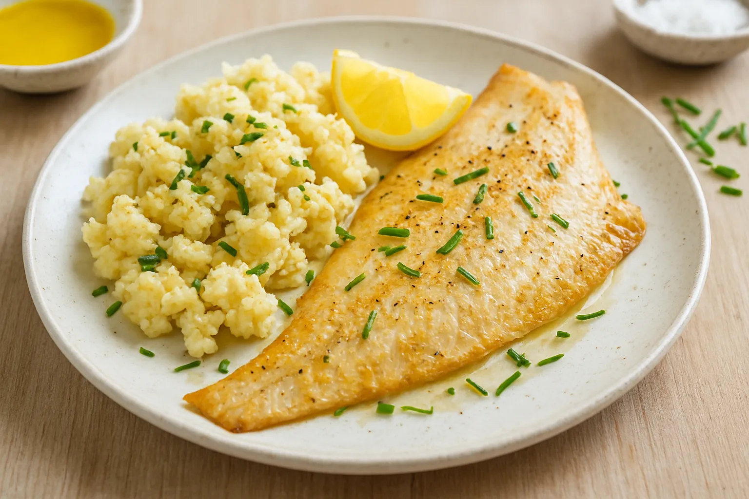 Baked Fresh Plaice with Smashed Cauliflower and Chives