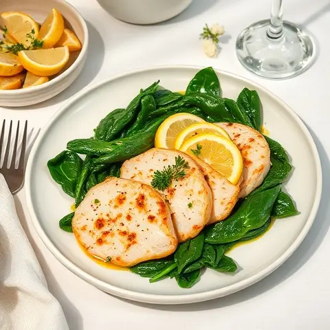 Lemon-Thyme Turkey Cutlets with Sautéed Spinach