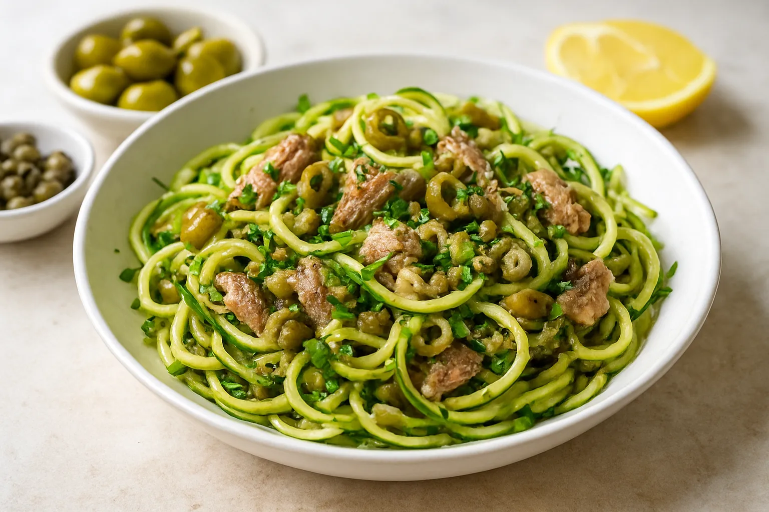 Sardine and Olive Tapenade Zoodle Toss