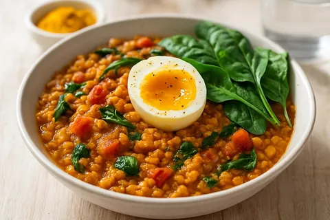Spiced Red Lentil & Vegetable Savory Breakfast Bowl with Turmeric Soft Egg