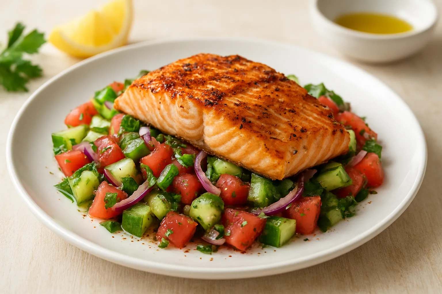 Cucumber-Tomato-Sumac Shirazi Salad with Grilled Fish