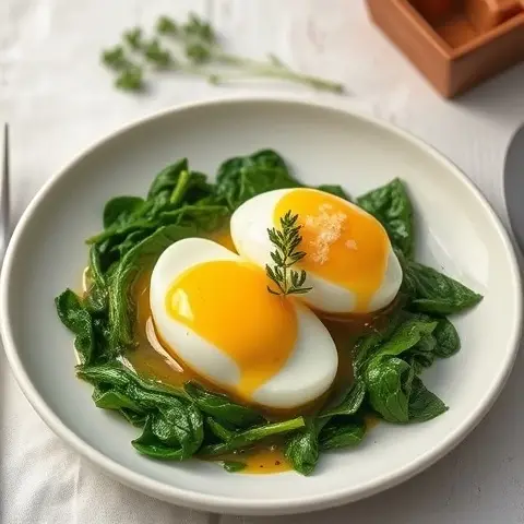 Bone Broth Poached Eggs over Sautéed Spinach