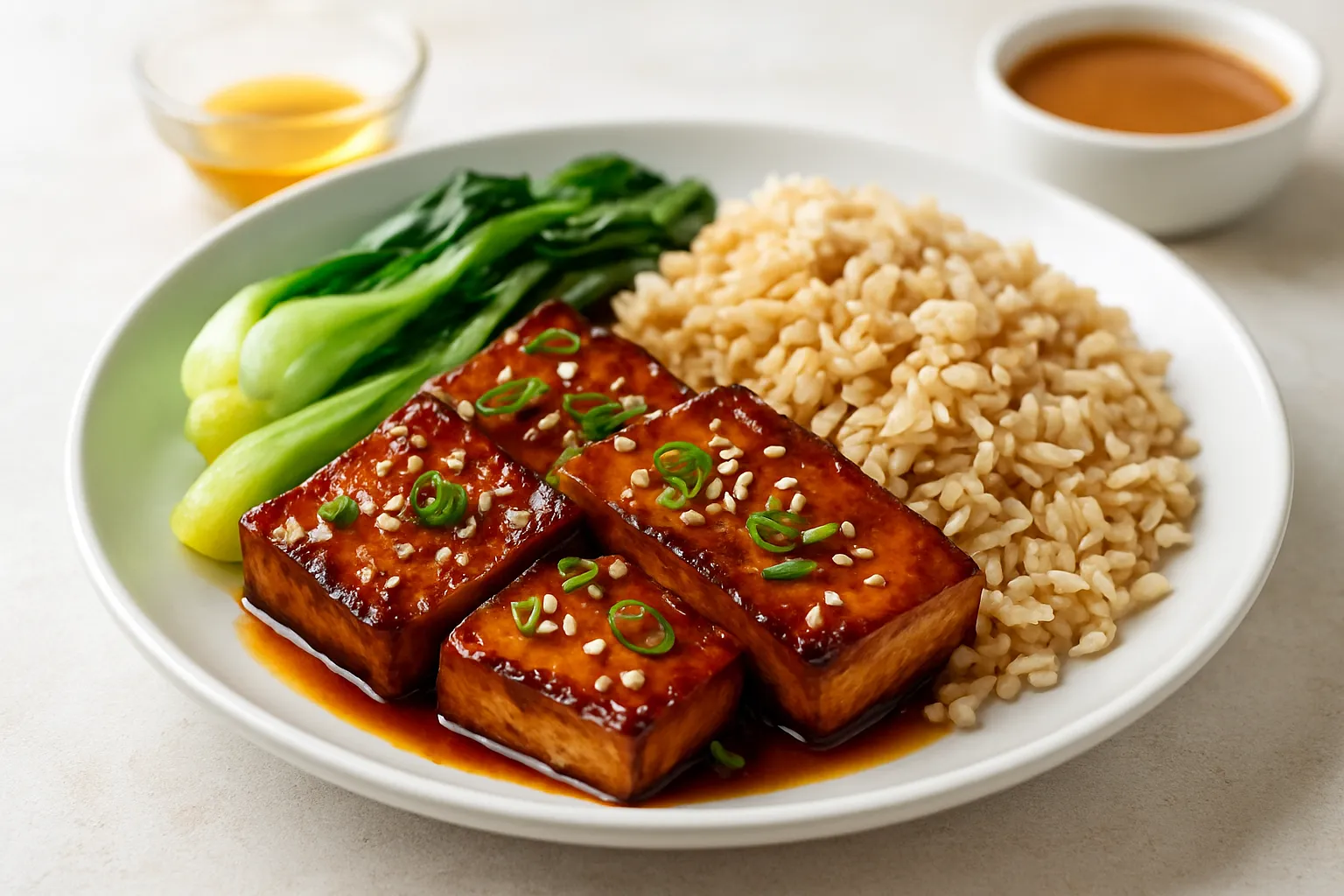 Miso-Glazed Tofu with Brown Rice and Steamed Bok Choy