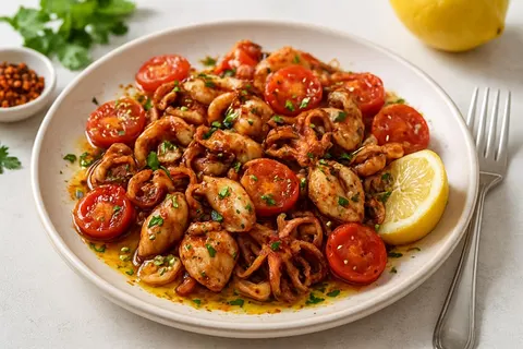 Aegean Kalamar Sote — Pan-Seared Baby Squid with Garlic, Chili and Fresh Tomato