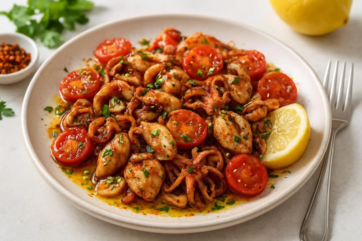 Aegean Kalamar Sote — Pan-Seared Baby Squid with Garlic, Chili and Fresh Tomato
