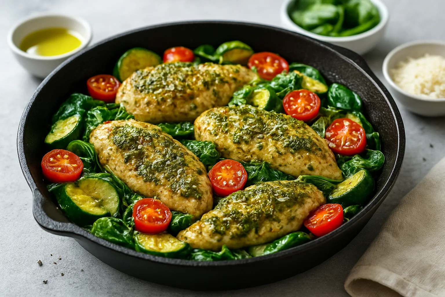 Pesto Chicken & Zucchini Breakfast Skillet