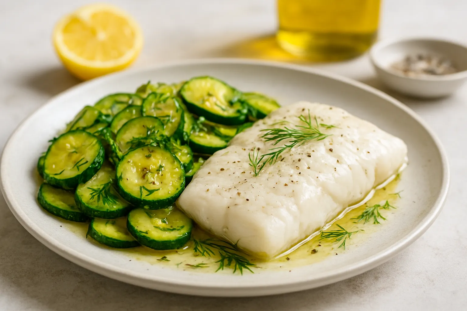 Steamed White Fish with Warm Zucchini & Dill Salad