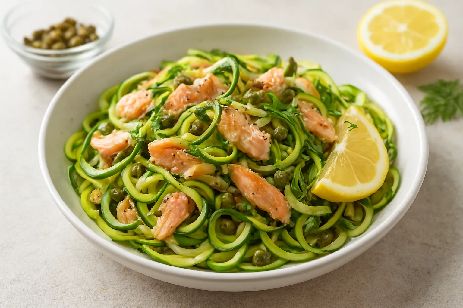 Smoked Trout Zoodles with Lemon & Capers (Warm Breakfast Bowl)