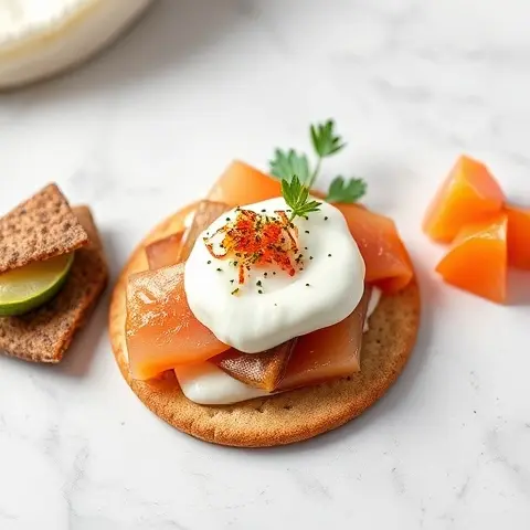 Smoked Trout on Whole-Grain Crackers with Lemon Yogurt