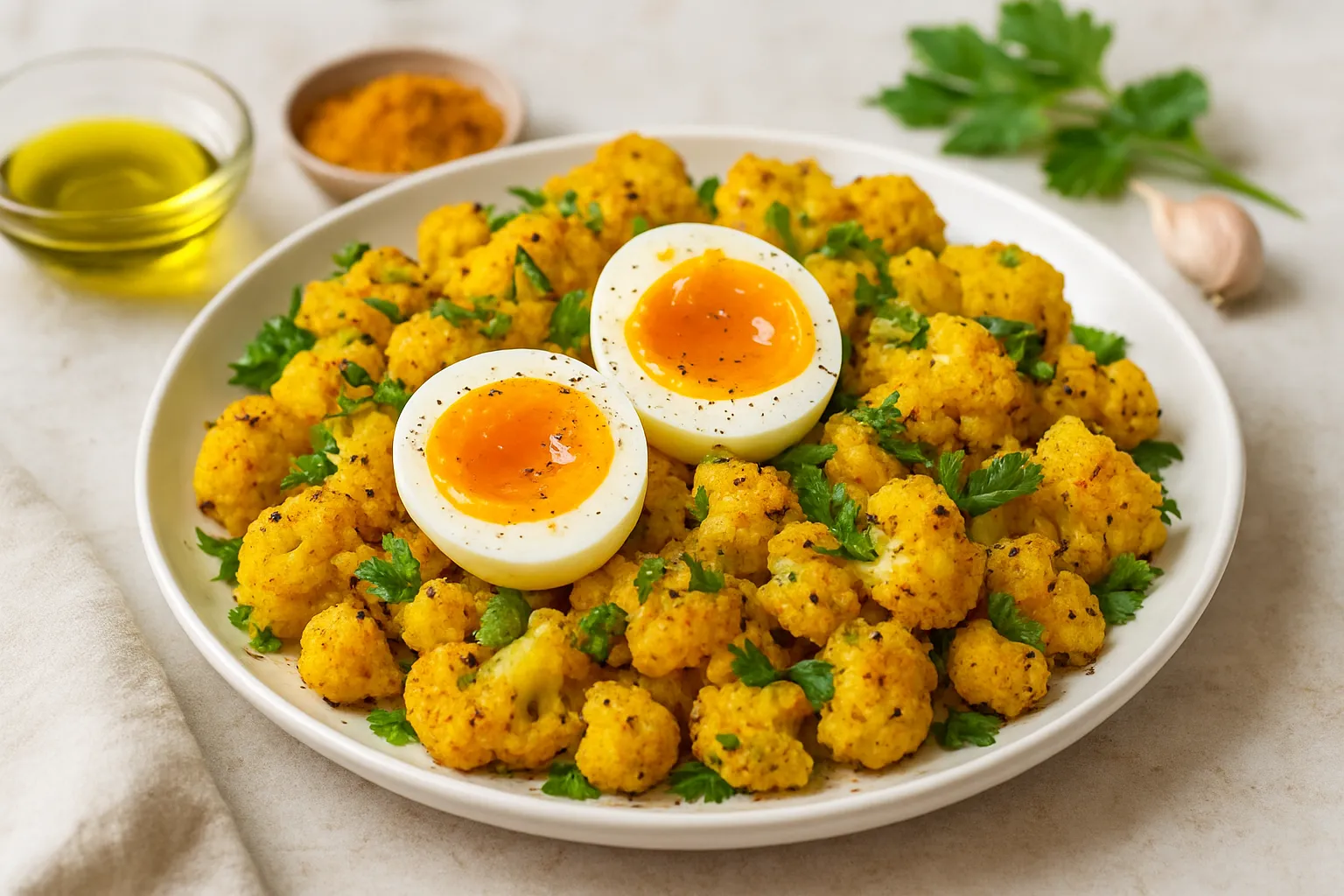 Turmeric Cauliflower Breakfast Hash with Soft-Boiled Eggs