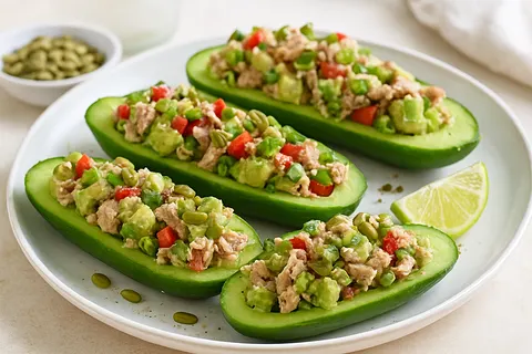 Tuna Avocado Cucumber Boats with Sesame-Free Crunch