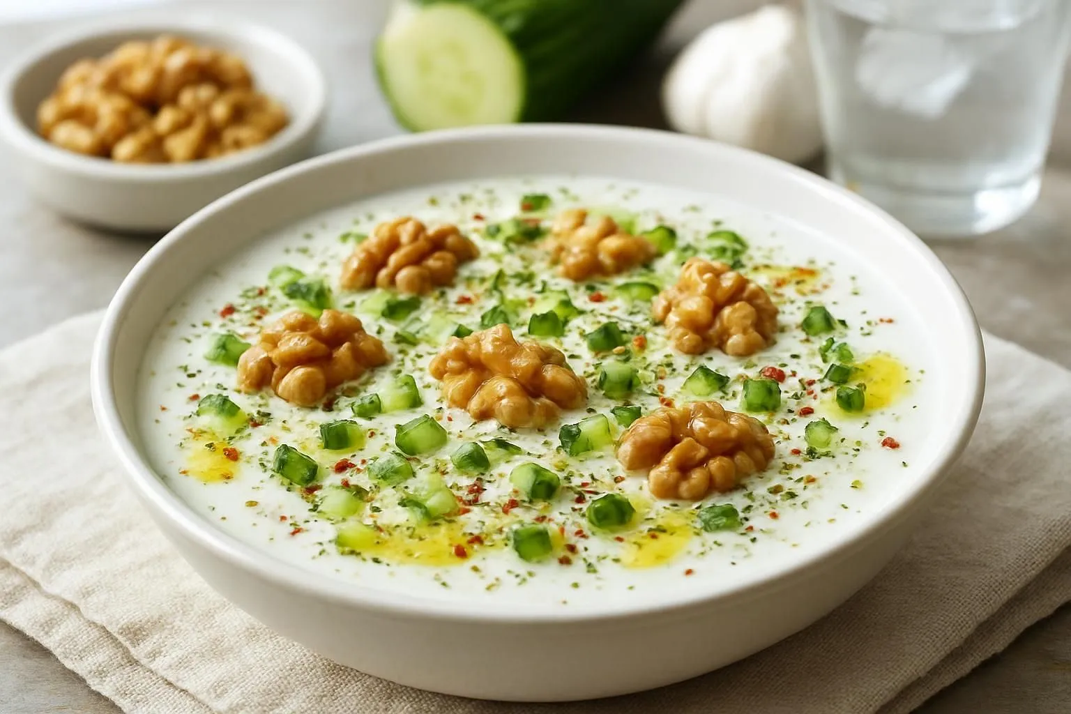 Tarator – Turkish Chilled Yogurt Soup with Cucumber, Walnuts and Dried Mint