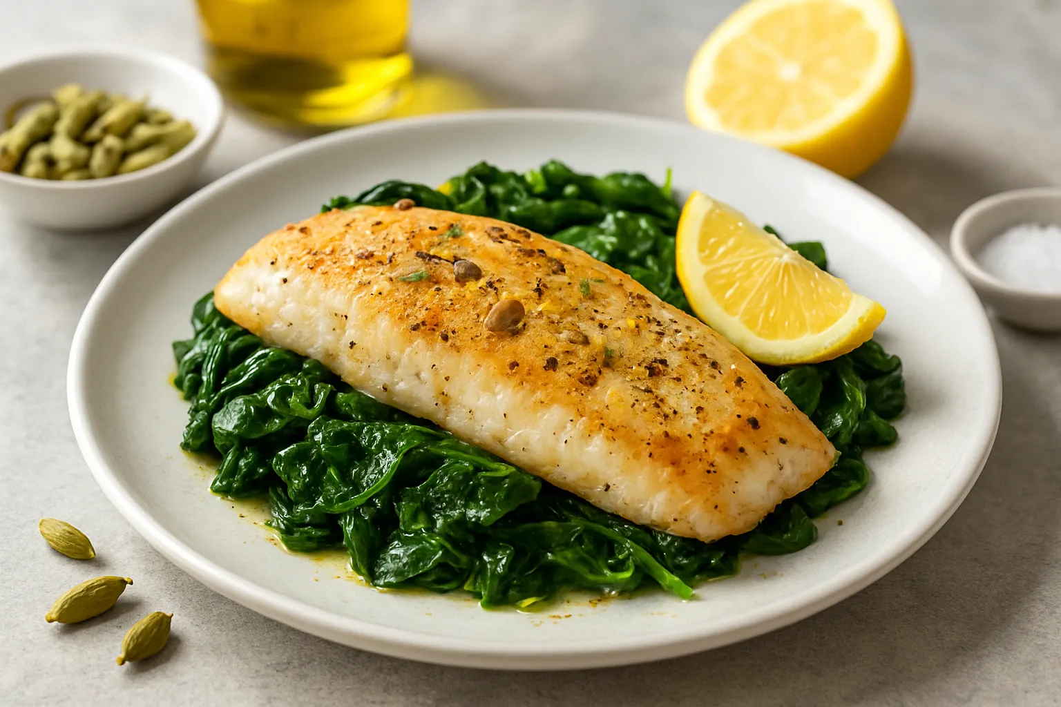 Cardamom-Scented Baked Haddock with Wilted Spinach & Lemon