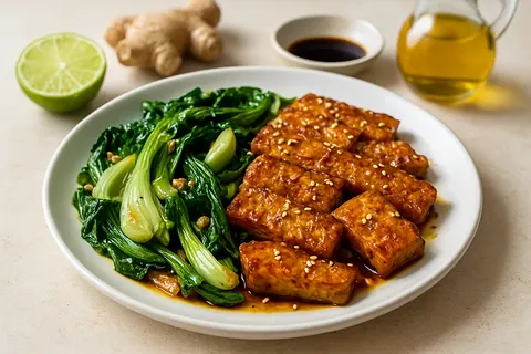 Ginger-Lime Marinated Tempeh with Stir-Fried Bok Choy