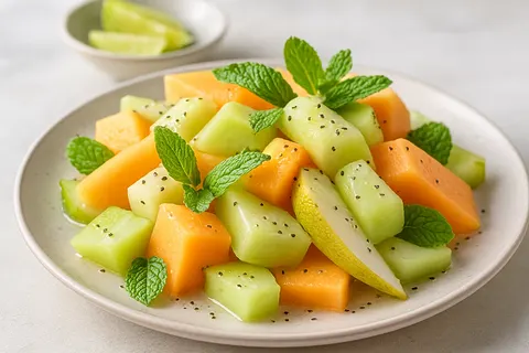 Fresh Melon and Pear Fruit Plate with Mint