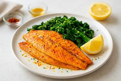 Rosewater-Saffron Grilled Trout with Lemon-Infused Rapini