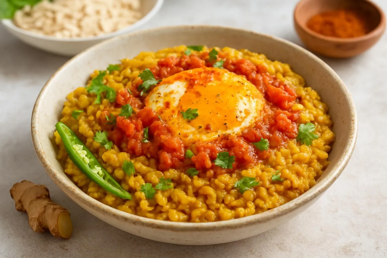 Savory Oat & Moong Dal Breakfast Bowl with Spiced Tomato Egg