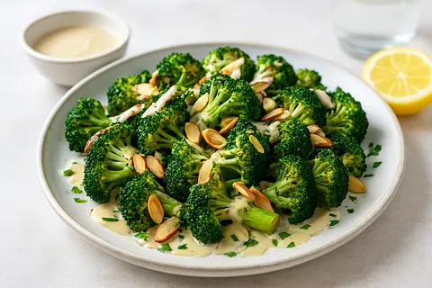 Roasted Broccoli and Almonds with Lemon-Tahini Drizzle