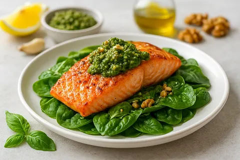 Grilled Salmon & Walnut Pesto over Spinach