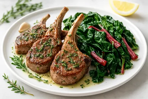 Fresh Herb Lamb Chops with Steamed Swiss Chard
